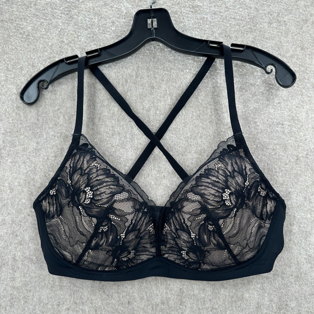 Soma Wireless Bra Womens 38C Black Floral Lace Lightly Lined Crisscross Straps